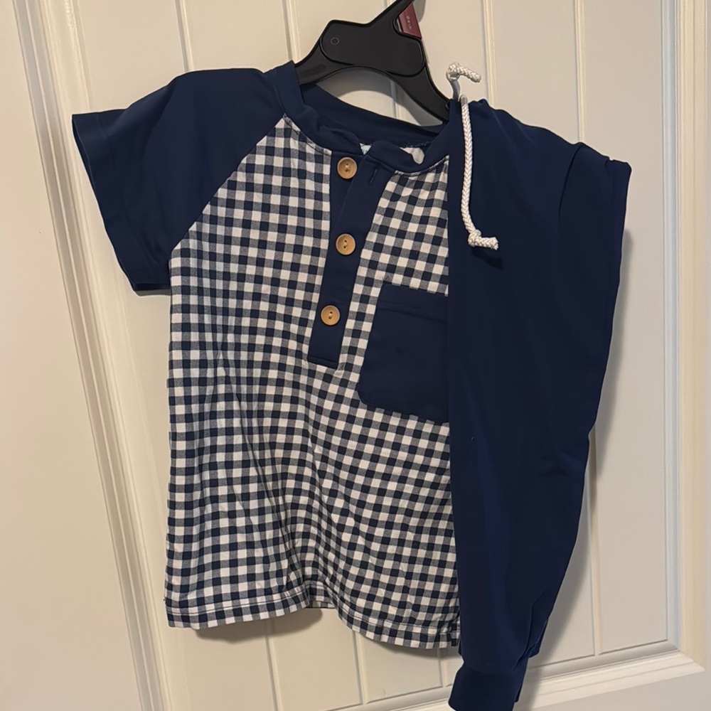 Navy and White Checkered Shirt with Wooden Buttons